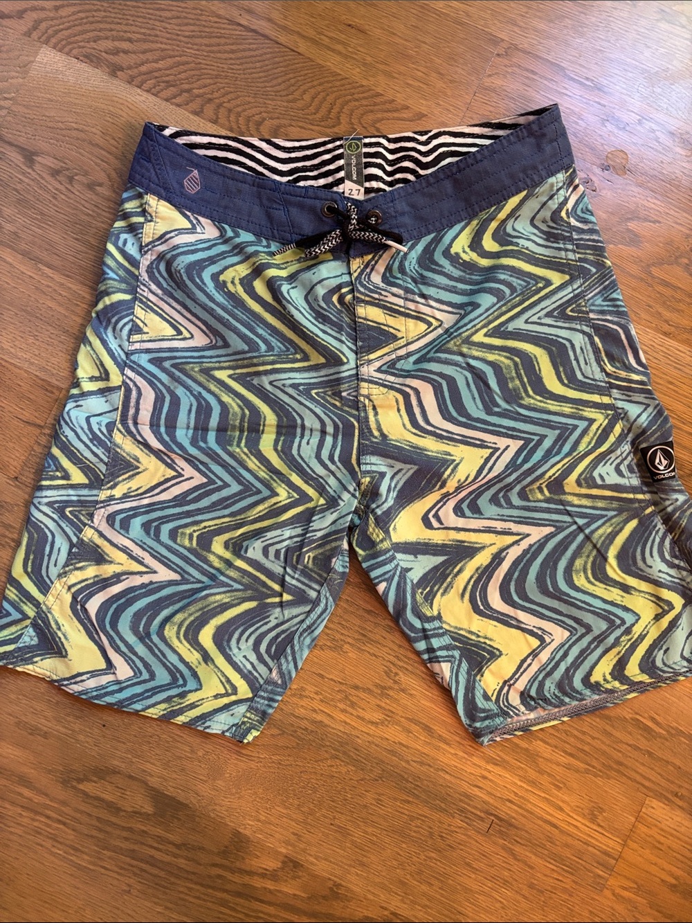 Volcom Men's Zigzag Swim Hybrids in Blue, Yellow, Green